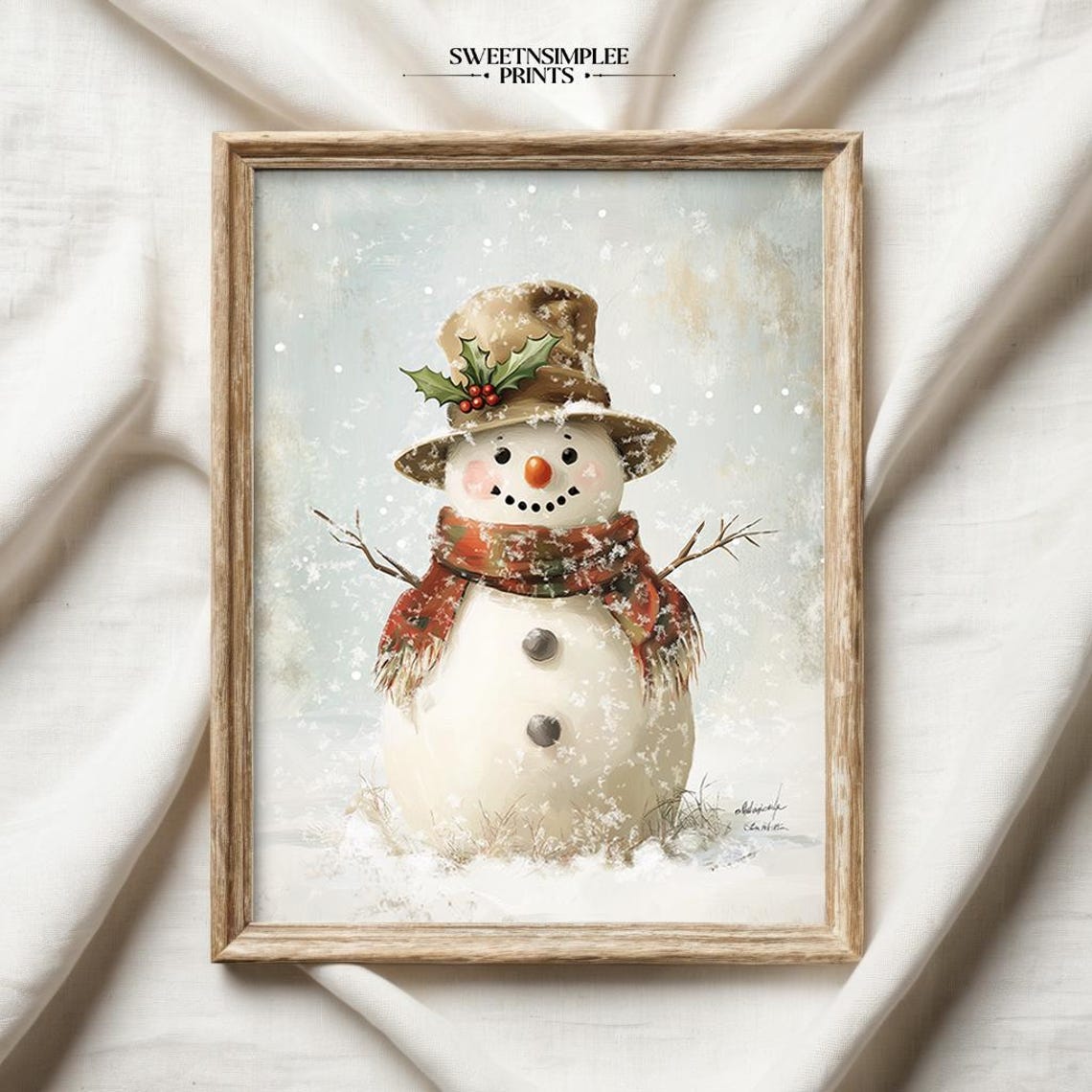 Smiling Snowman With Plaid Scarf in Gently Falling Snow Poster - Image 2