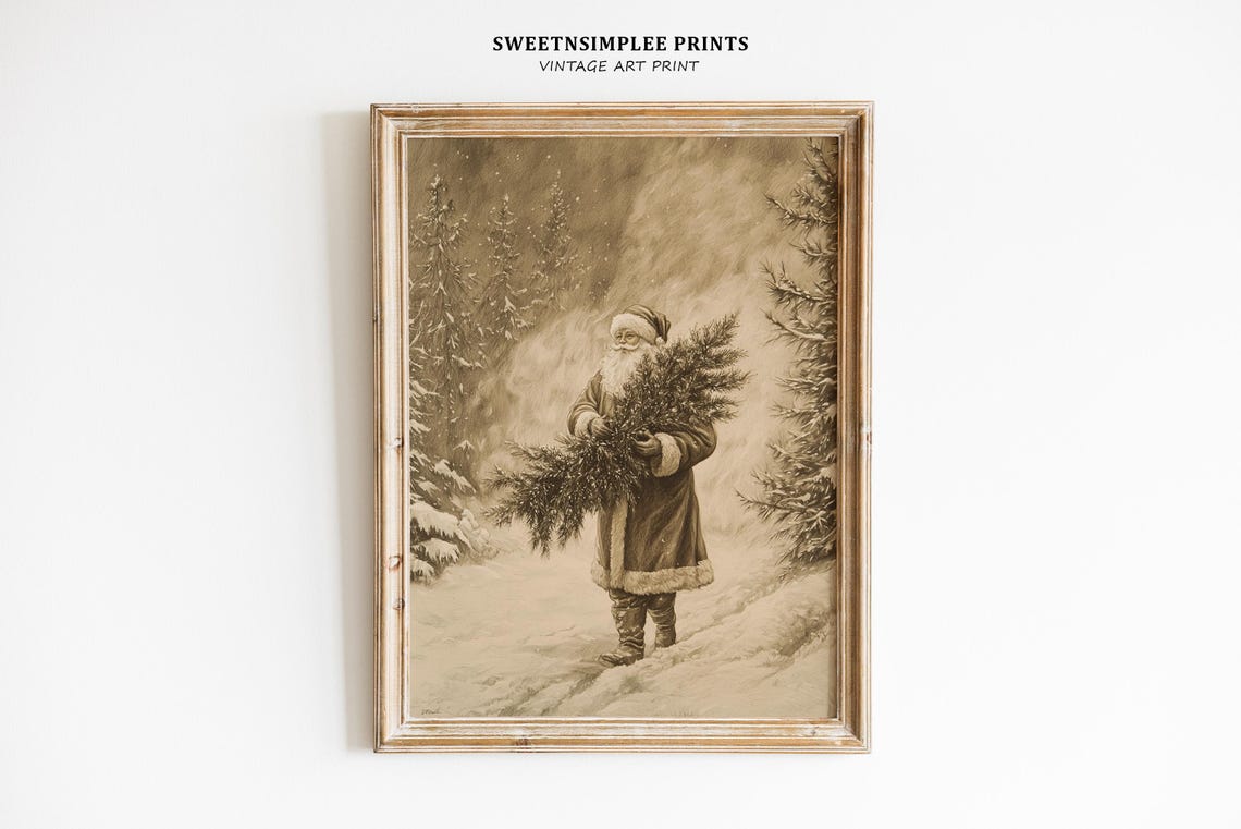 Antique Sepia Santa Carrying Christmas Tree Through Snow Poster - Image 2