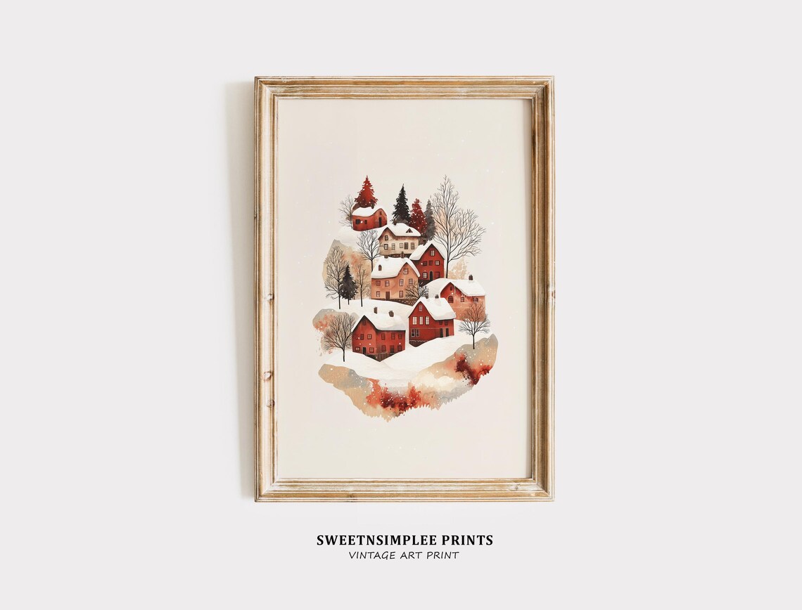 Snowy Village Houses Poster Cozy Red Winter Watercolor Holiday Decor