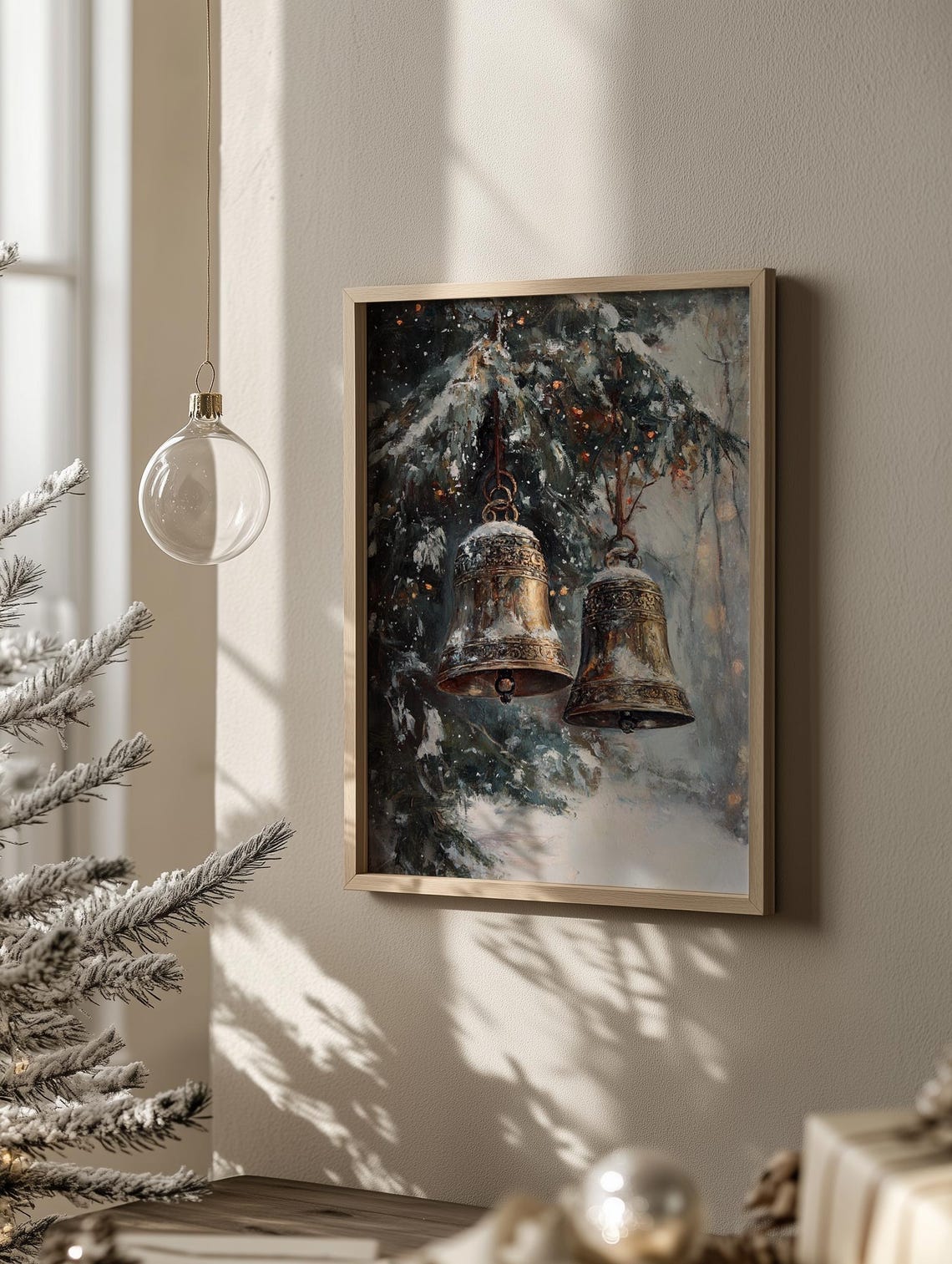 Two Antique Bells Hanging From Snowy Evergreen Branch Poster - Image 3