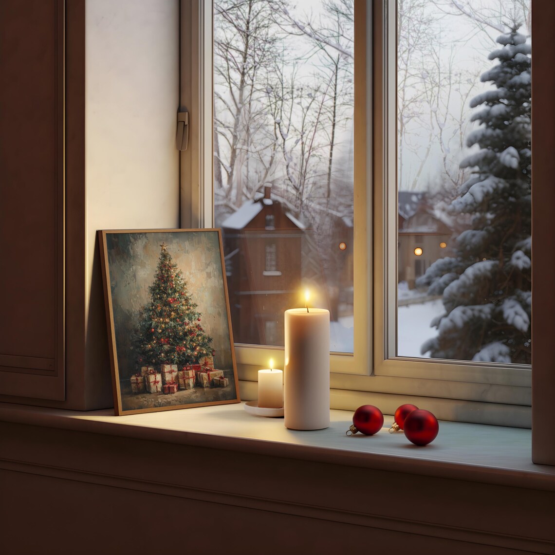 Vintage Christmas Tree With Red Gold Ornaments And Gifts Poster - Image 3