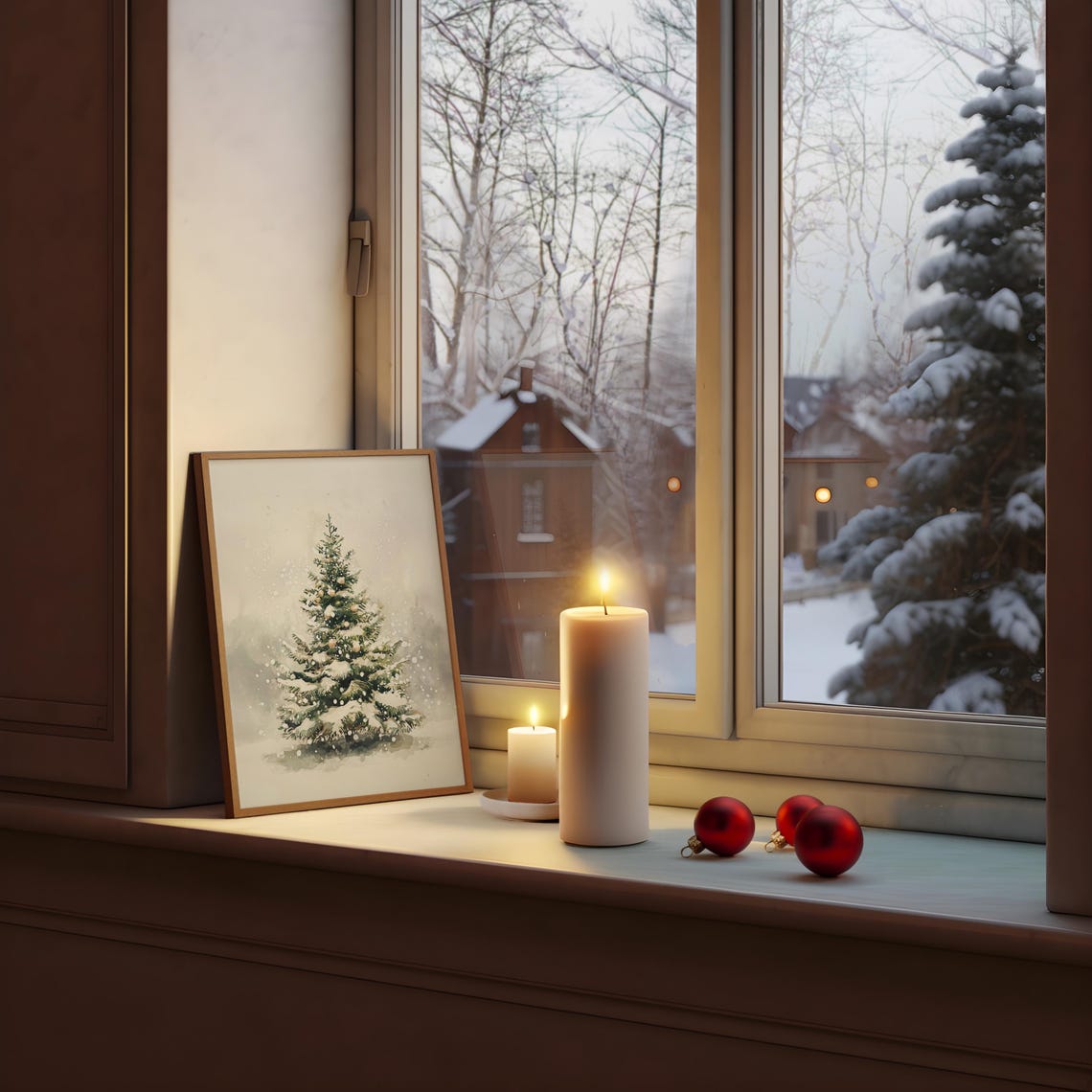 Snowy Watercolor Pine Tree Neutral Minimalist Christmas Poster - Image 3