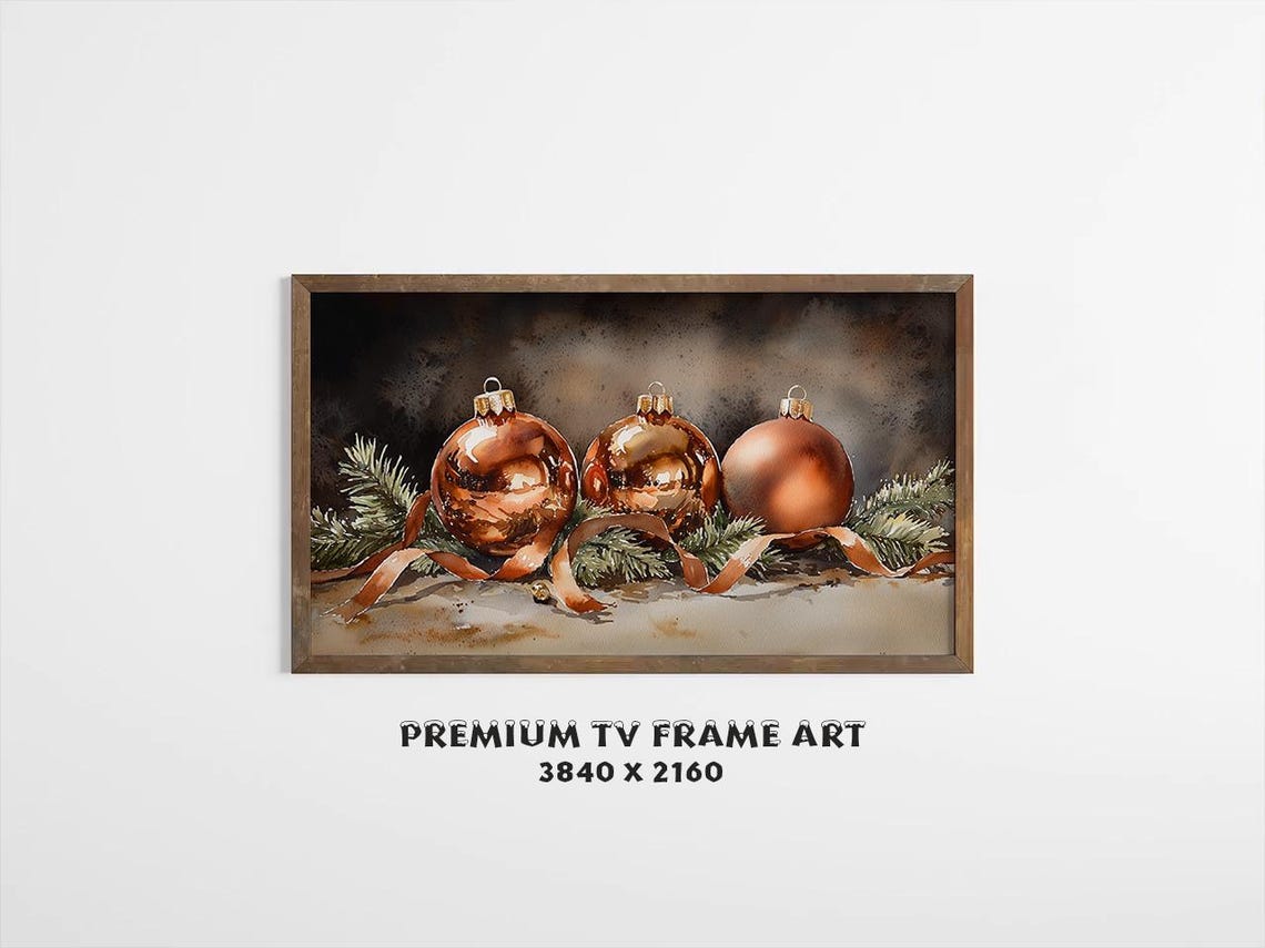 Copper Christmas Baubles Pine Branches Ribbon Vintage Holiday Wall Art - Image 2