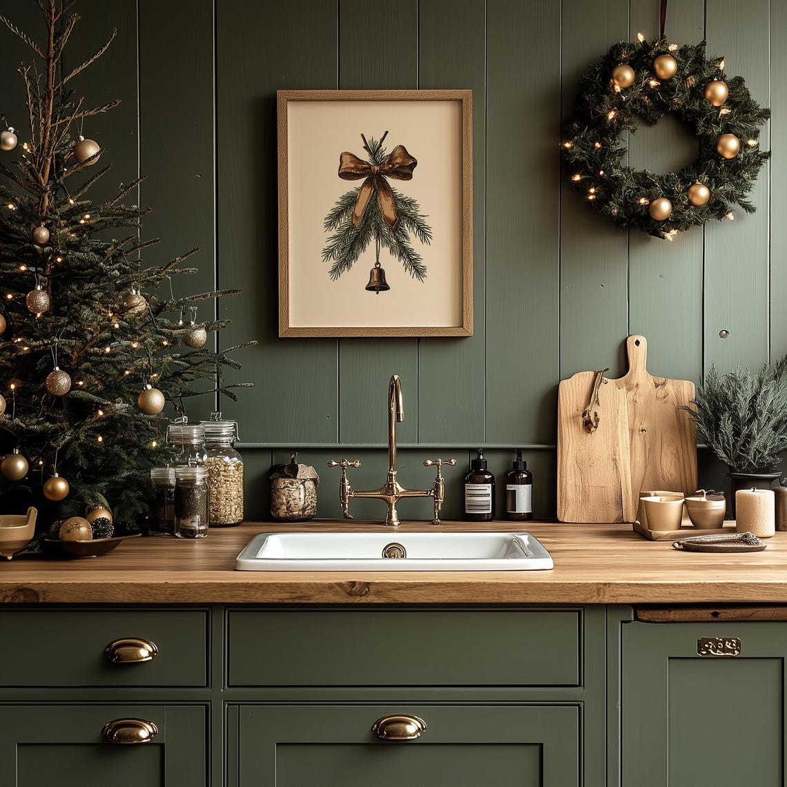 Christmas Pine Sprig With Brown Bow And Brass Bell Minimal Poster - Image 3