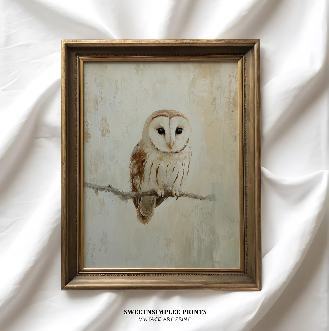 Barn Owl Perched on Branch Muted Beige Vintage Bird Painting Wall Art