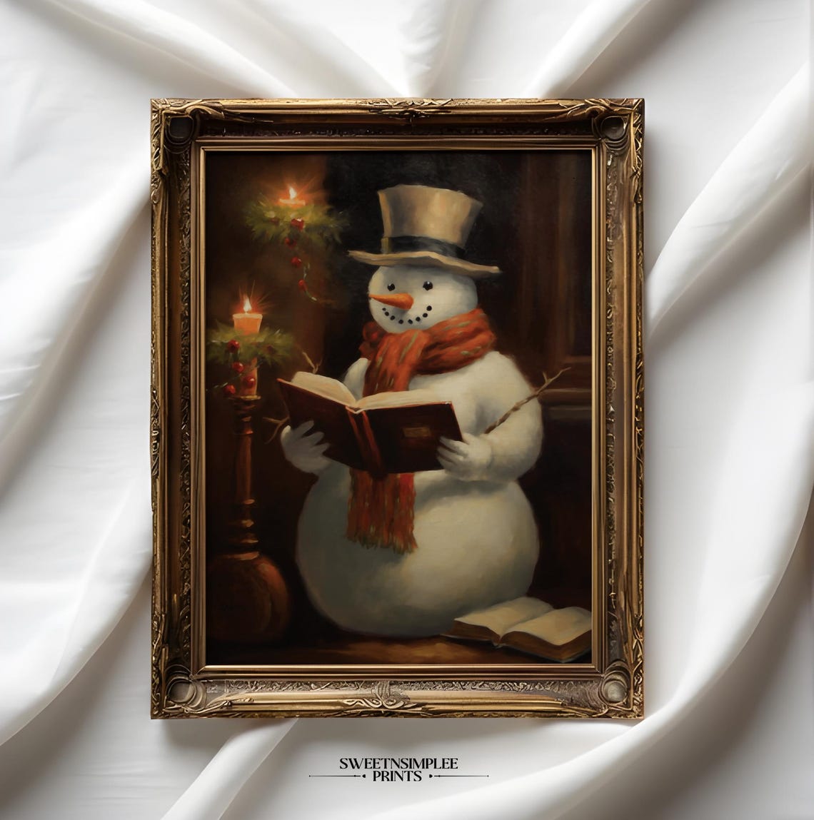 Vintage Snowman Reading Book by Candlelight Moody Christmas Poster