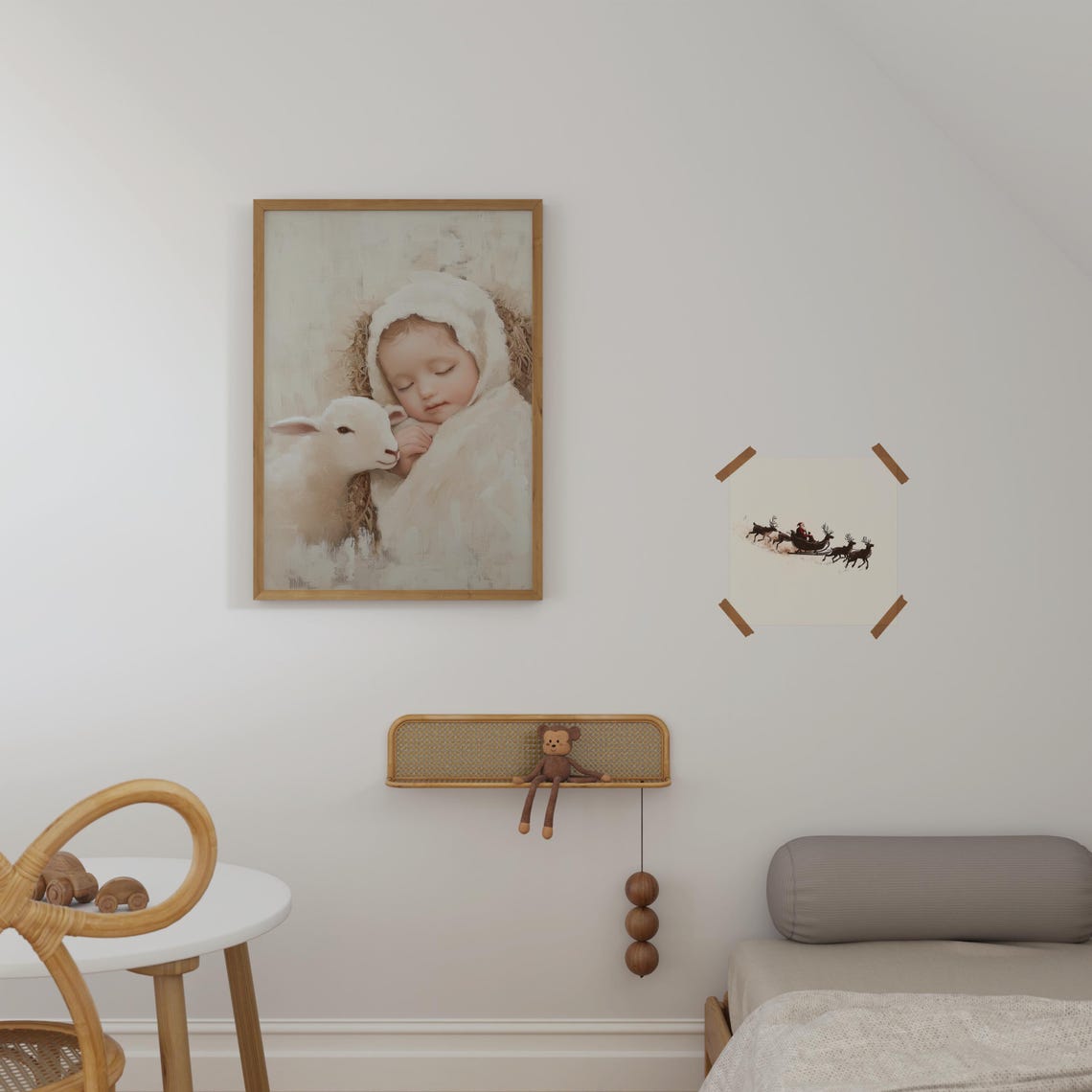 Sleeping Baby with Lamb Poster Soft Neutral Nativity Nursery Decor - Image 3