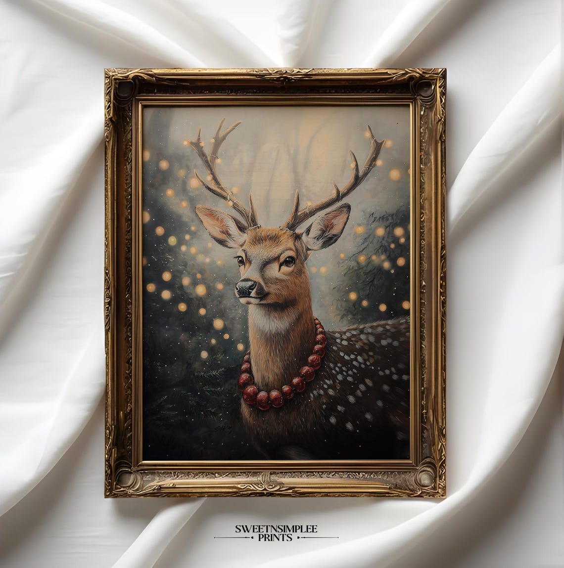Winter Deer with Berry Necklace Poster Snowy Forest Holiday Decor