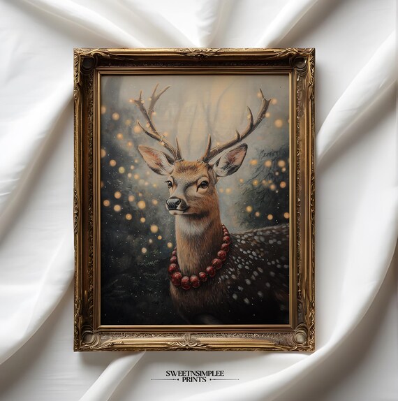 Winter Deer with Berry Necklace Poster Snowy Forest Holiday Decor