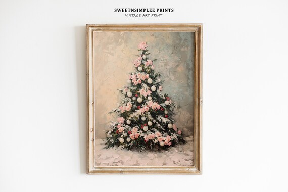 Vintage Pink and White Christmas Tree Oil Painting Holiday Poster