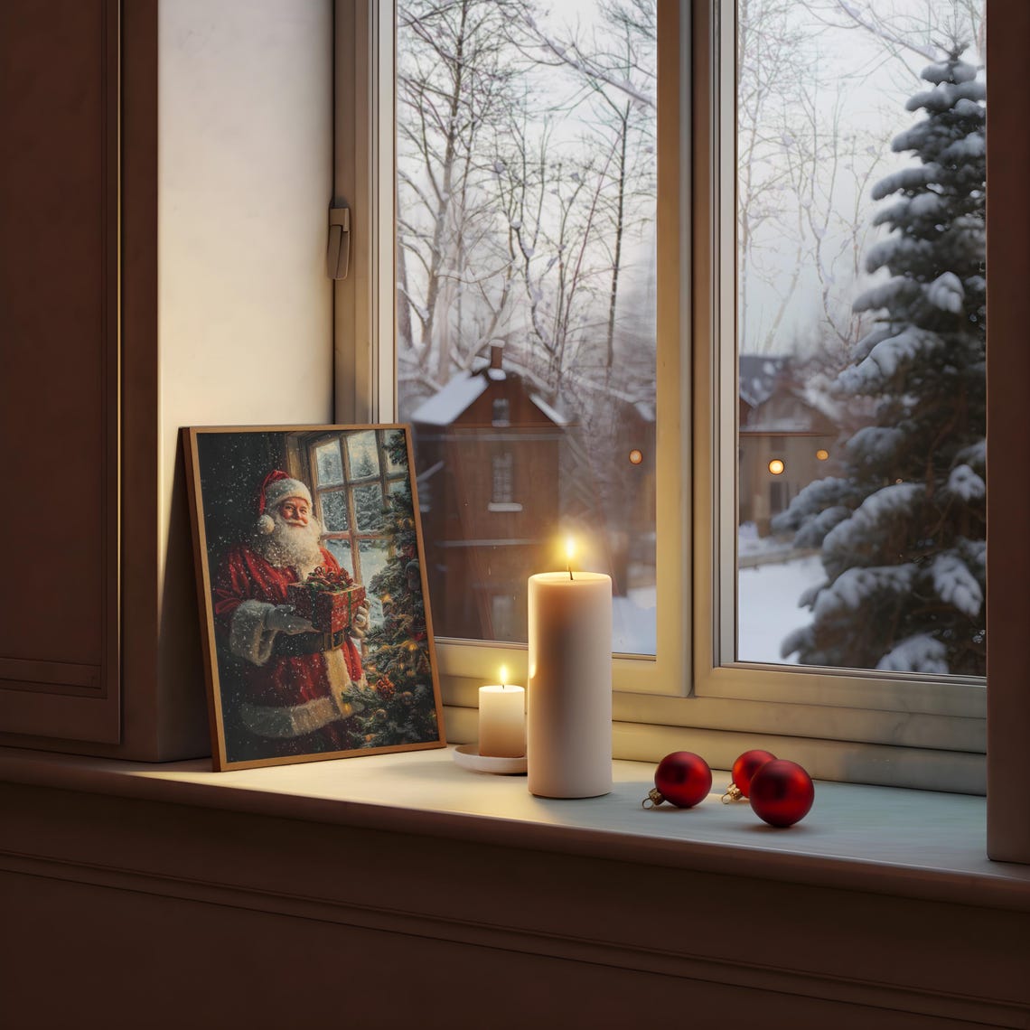 Vintage Santa Claus Holding Gift by Snowy Window Christmas Poster - Image 3