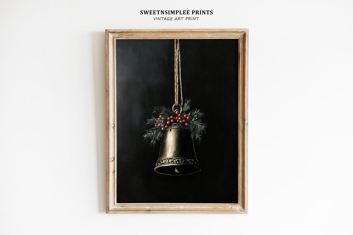 Moody Brass Christmas Bell With Pine And Berries Dark Holiday Poster - Image 2