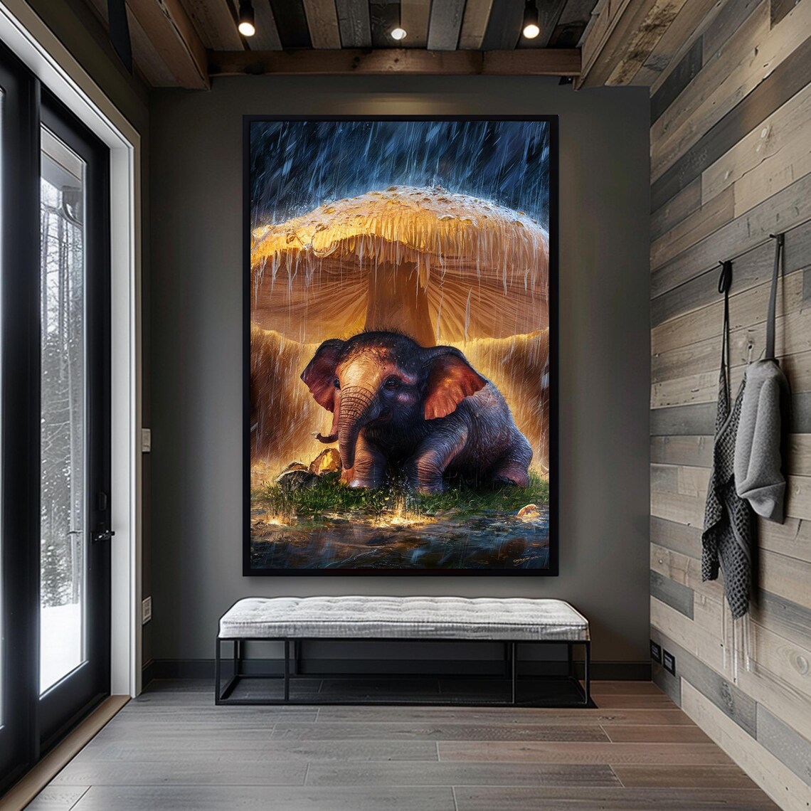 Baby Elephant Under Giant Mushroom Rain Whimsical Nursery Poster - Image 2
