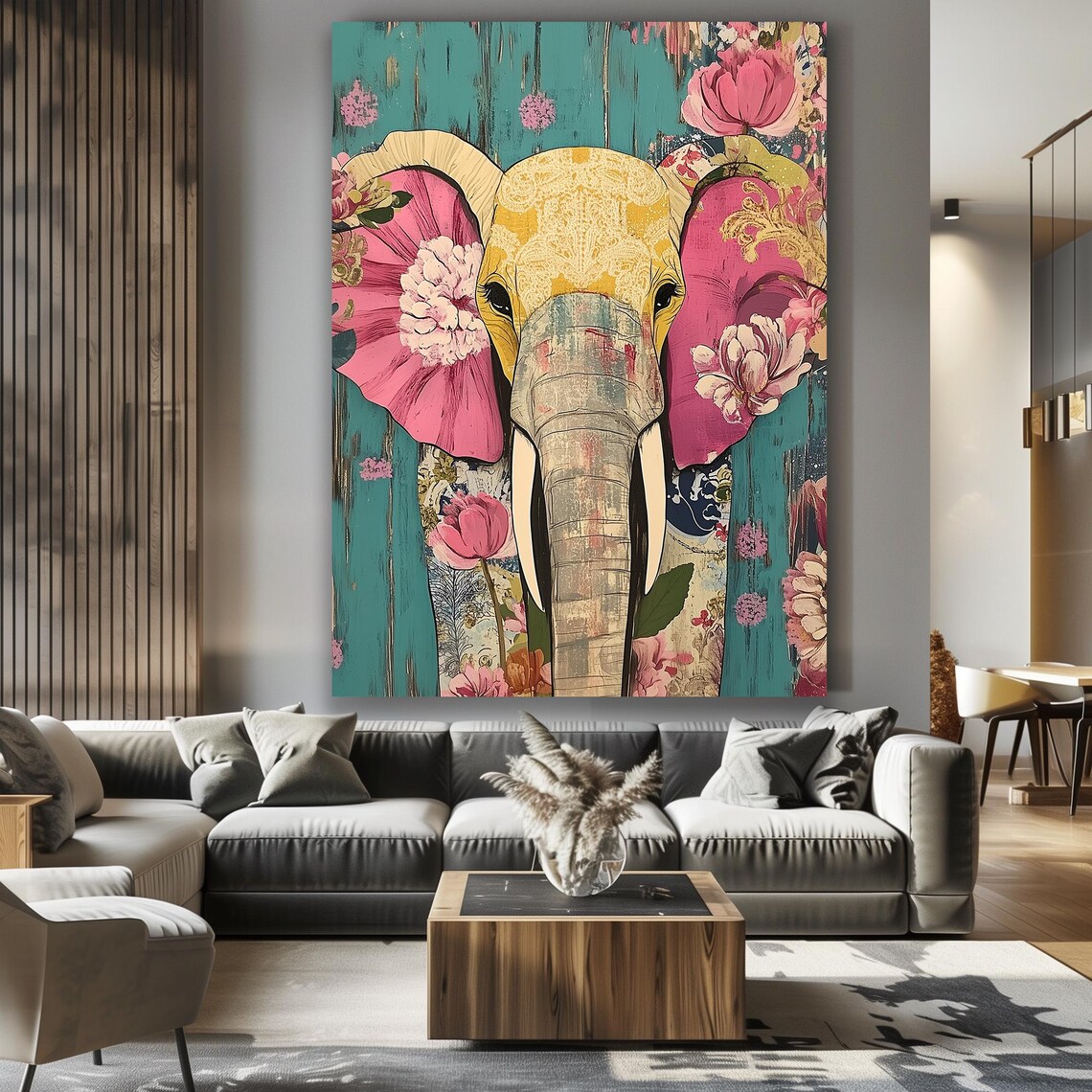 Elephant Head Pink Flowers Teal Bohemian Jungle Style Poster - Image 5