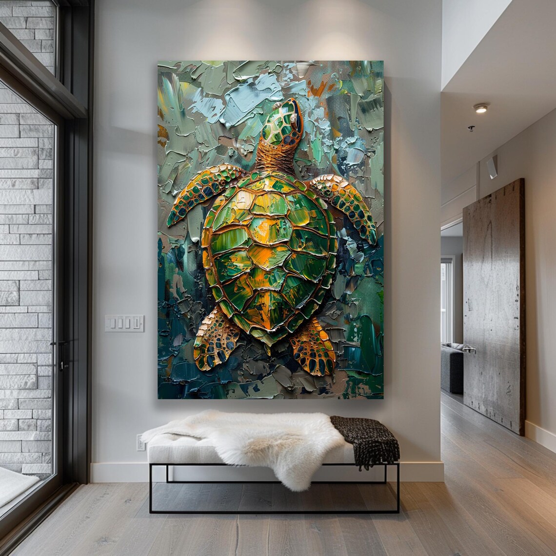 Green Sea Turtle Oil Painting with Heavy Impasto Texture Poster - Image 3