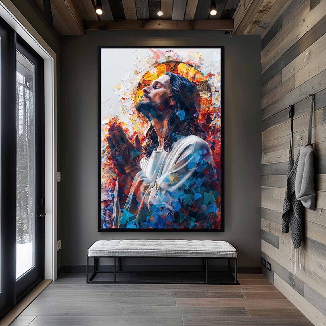 Jesus Praying Under a Golden Halo in Shattered Mosaic Style Poster - Image 6