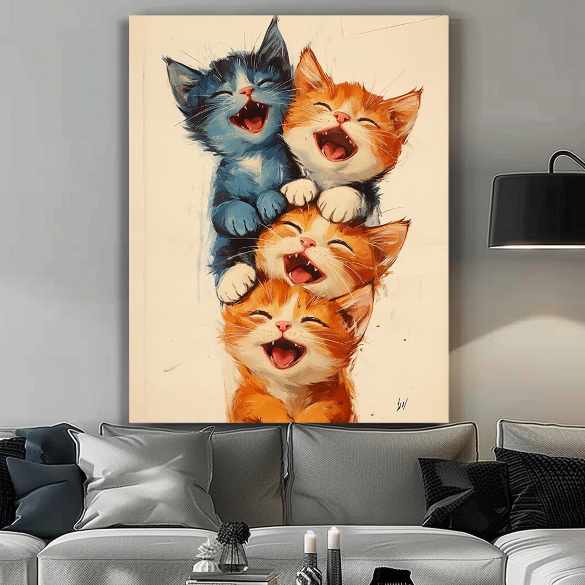 Four Laughing Kittens Stacked High in a Joyful Watercolor Poster - Image 3