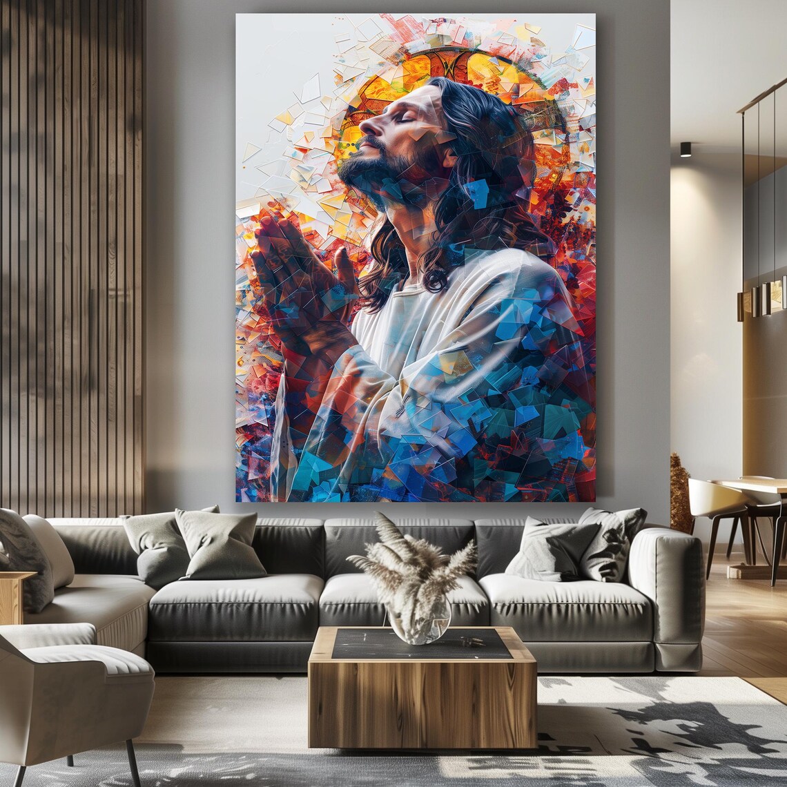 Jesus Praying Under a Golden Halo in Shattered Mosaic Style Poster - Image 2