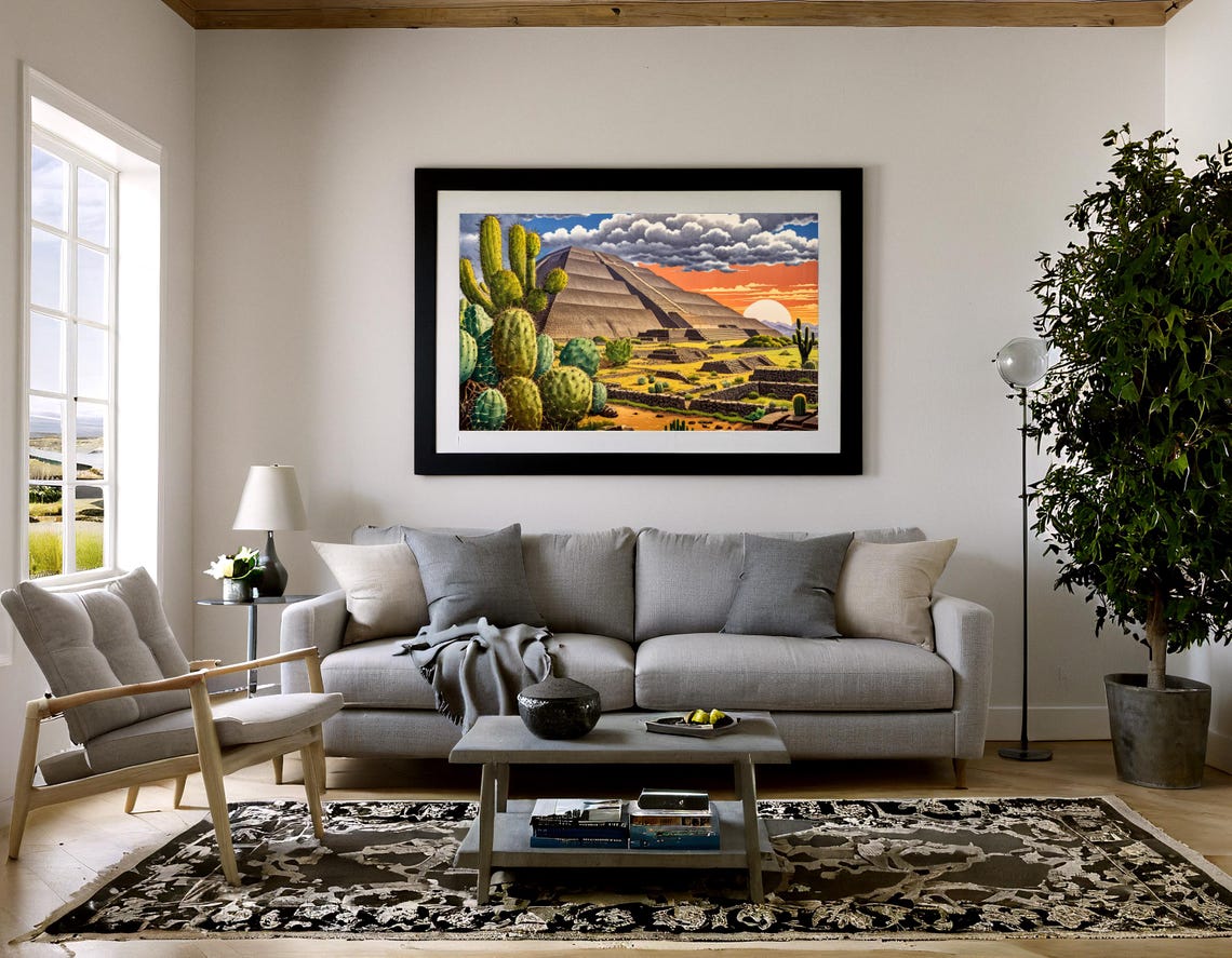Teotihuacan Pyramid Ukiyo E Cacti Desert Sunset Mexico Poster - Image 3