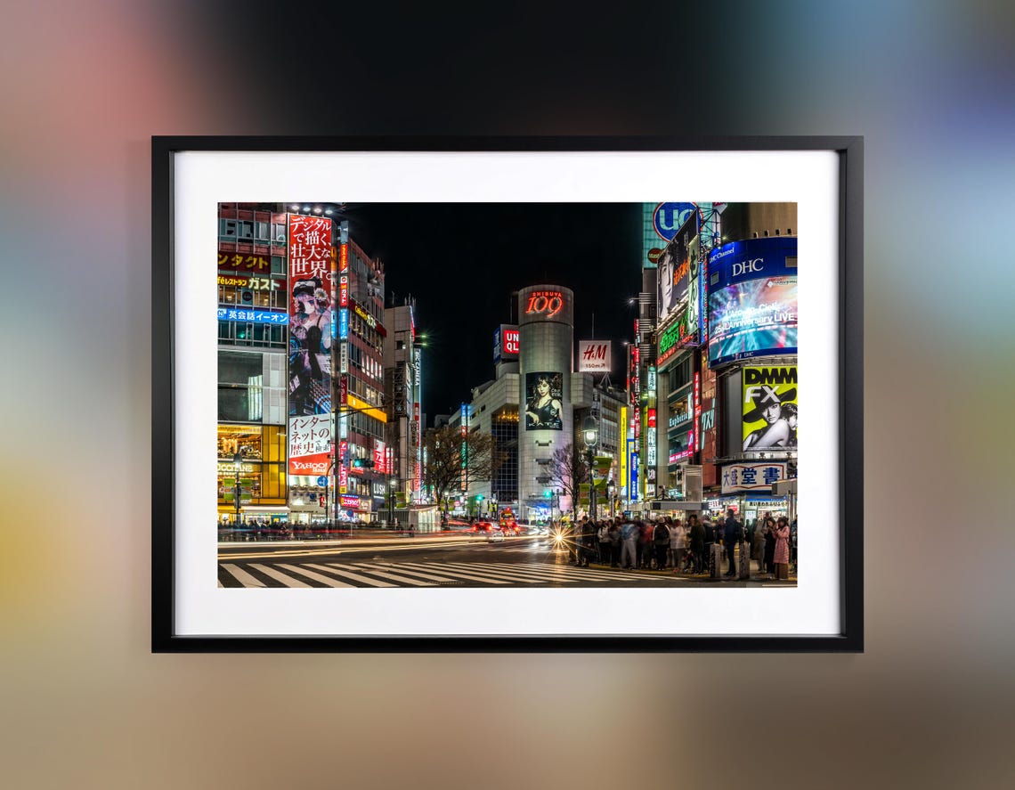 Shibuya Scramble 109 Neon Billboards Night Crowd Tokyo Poster