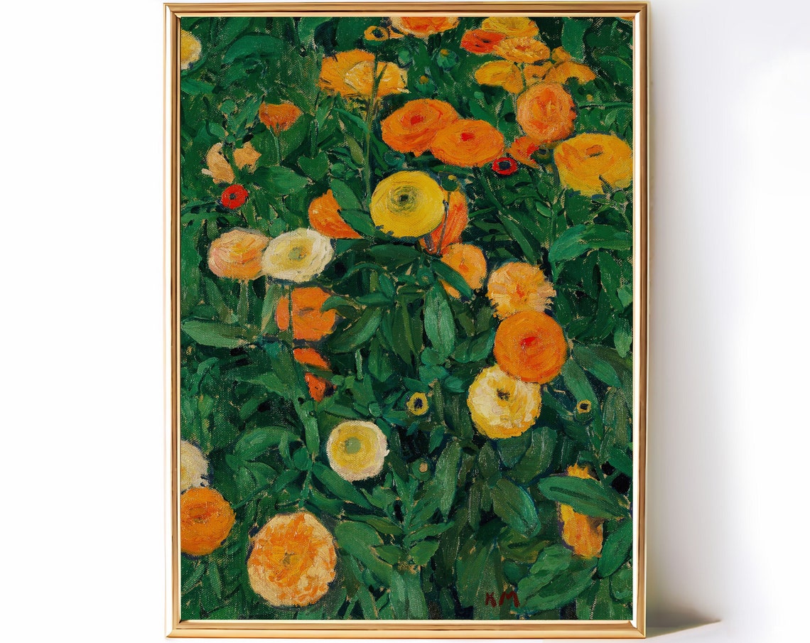 Orange Marigold Blooms Vintage Floral Oil Painting Style Poster