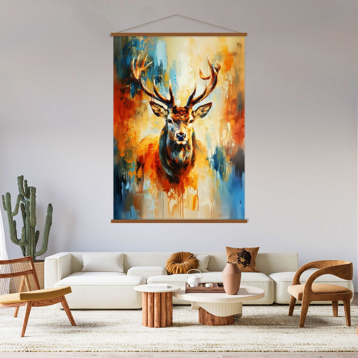 Warm Abstract Stag Portrait Poster with Golden Hues and Blue Accents - Image 2