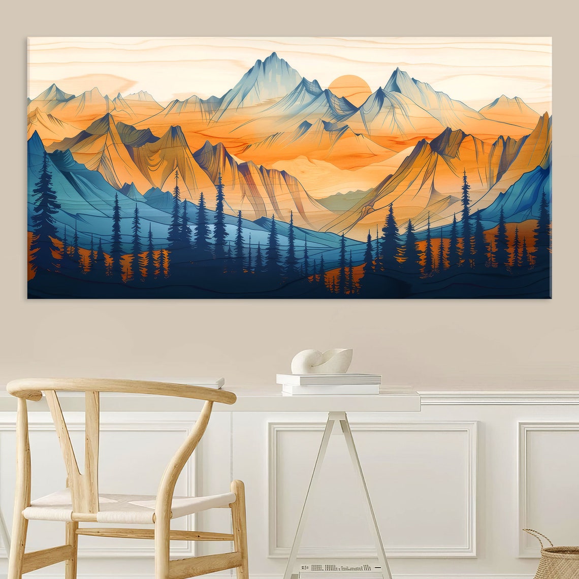 Wood Grain Mountain Valley Poster with Orange Sunset and Pine Forest