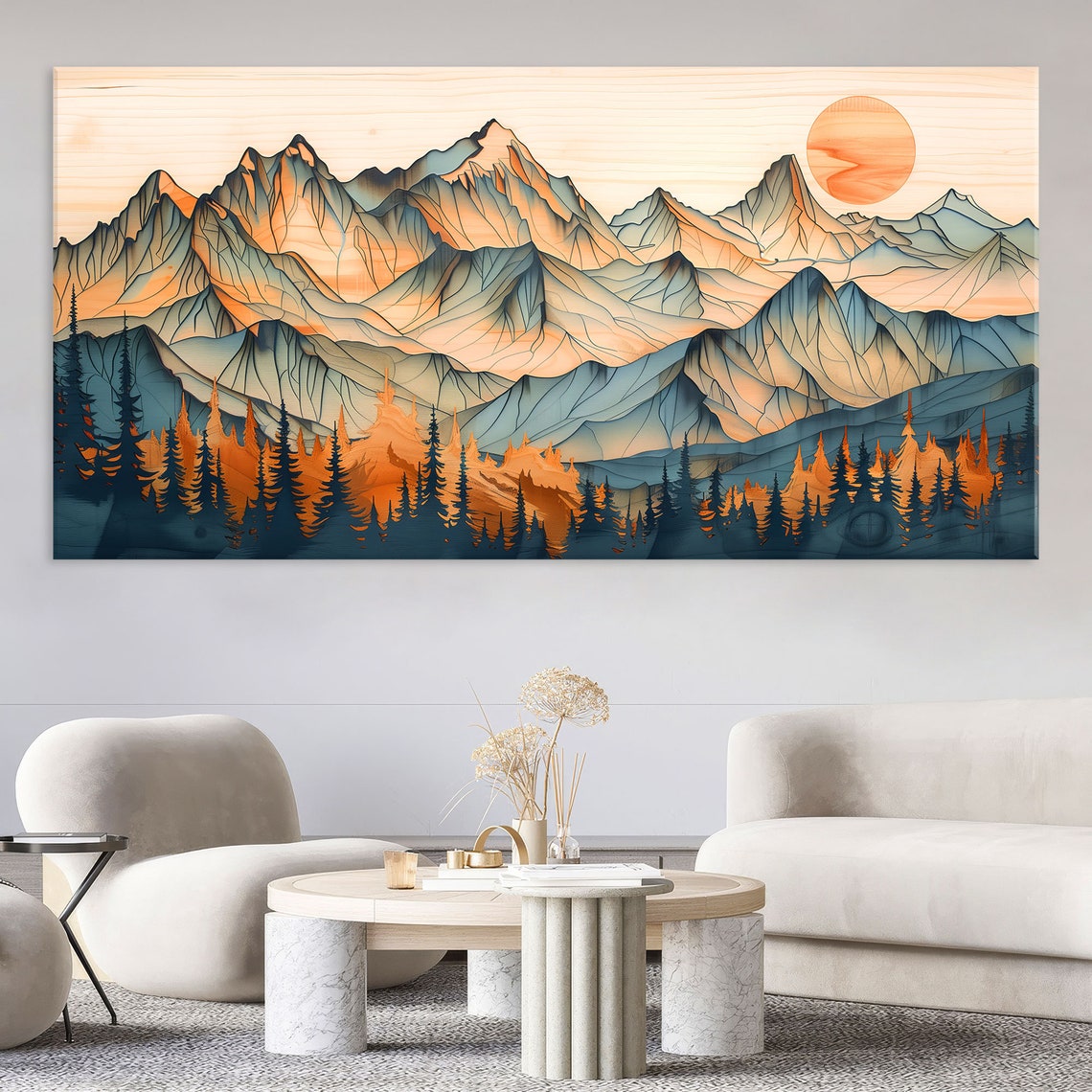 Blue Layered Mountains Amber Trees Golden Sun Wood Grain Art Poster