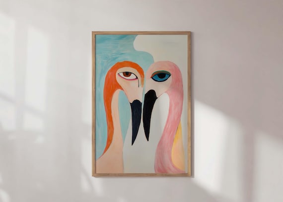 Abstract Bird Art Modern Wall Whimsical Print Animal Decor Bold Pink Flamingos Minimalist