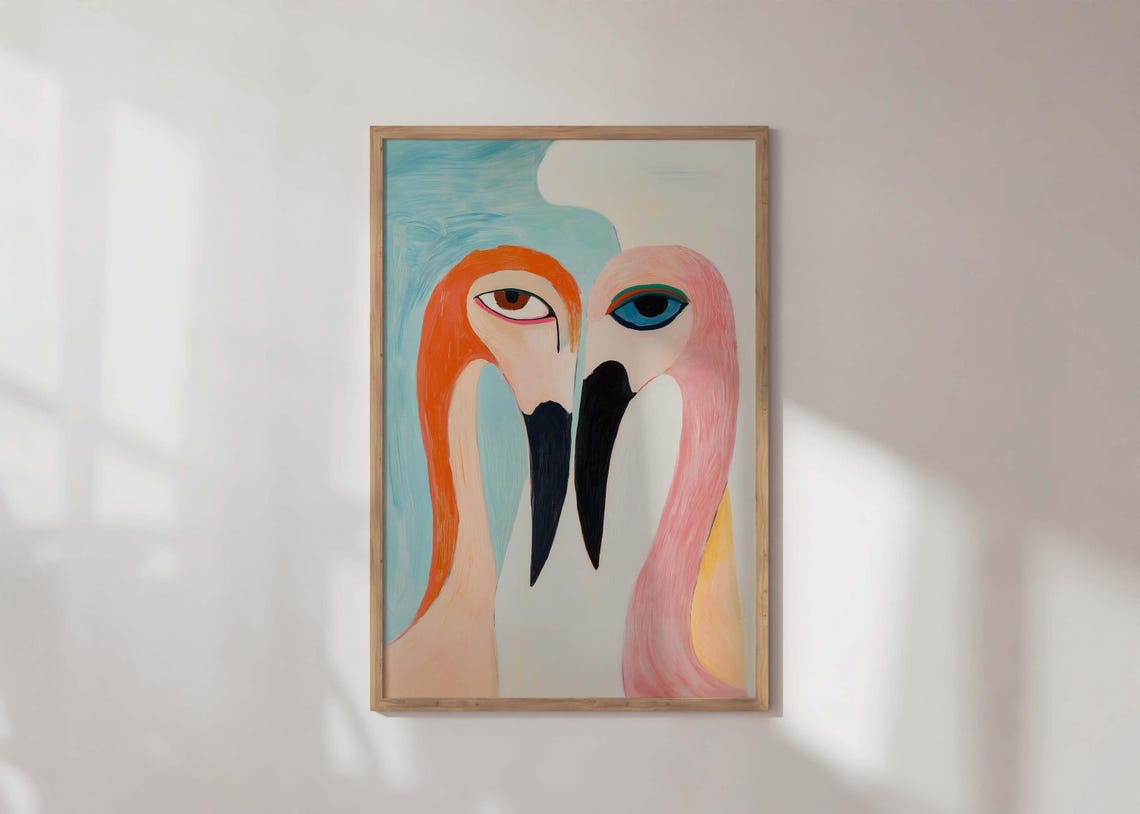 Abstract Flamingo Pair Coral Pink Modern Minimalist Bird Art Poster