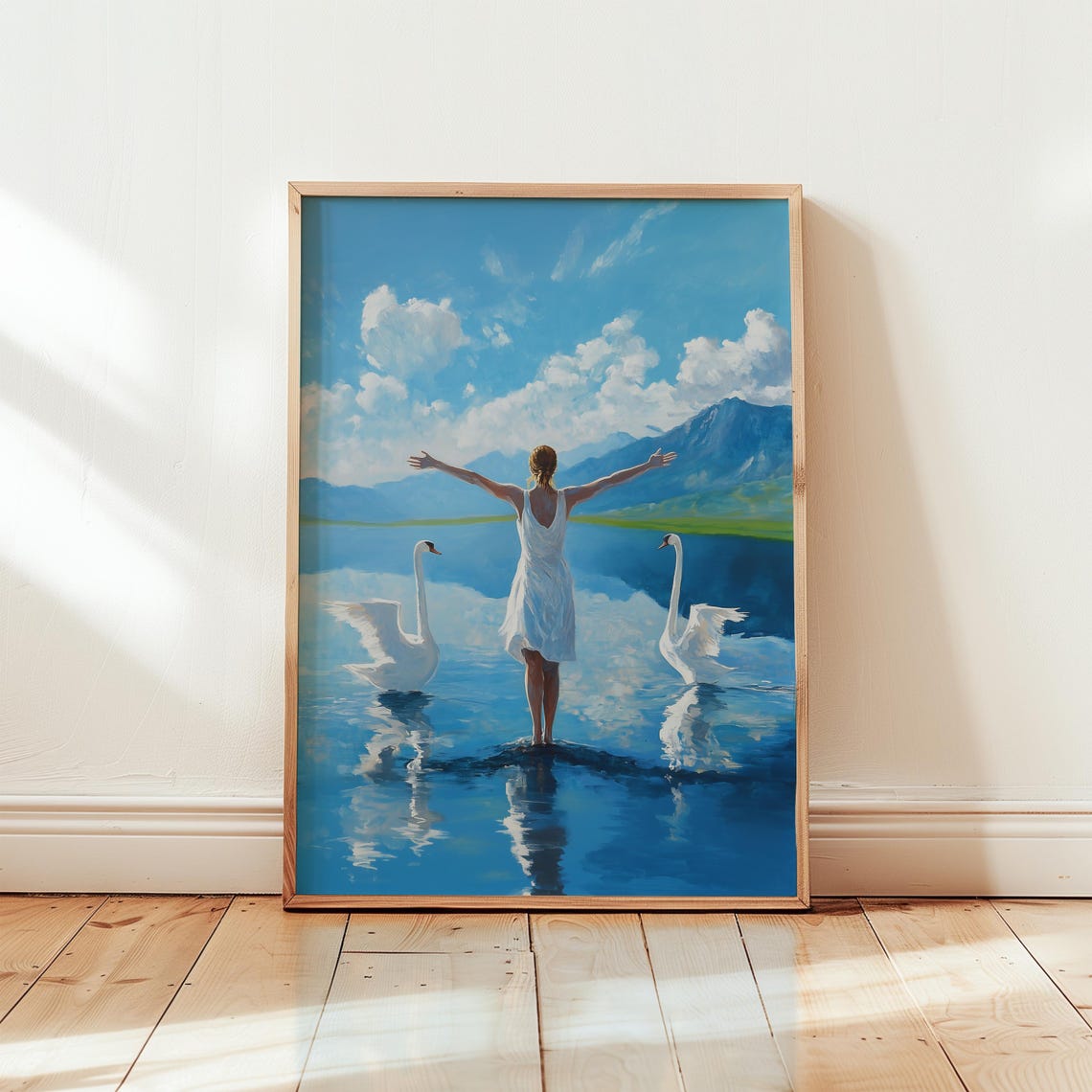 Woman with Open Arms Between Two Swans on Mirror Lake Art Poster