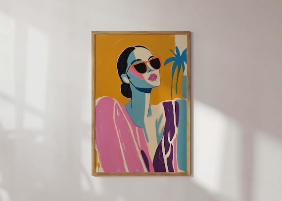 Pop Art Fashion Wall Eclectic Woman Portrait Print Bold Glam Girl With Sunglasses Modern Abstract Artwork Trendy Colorful Home Decor