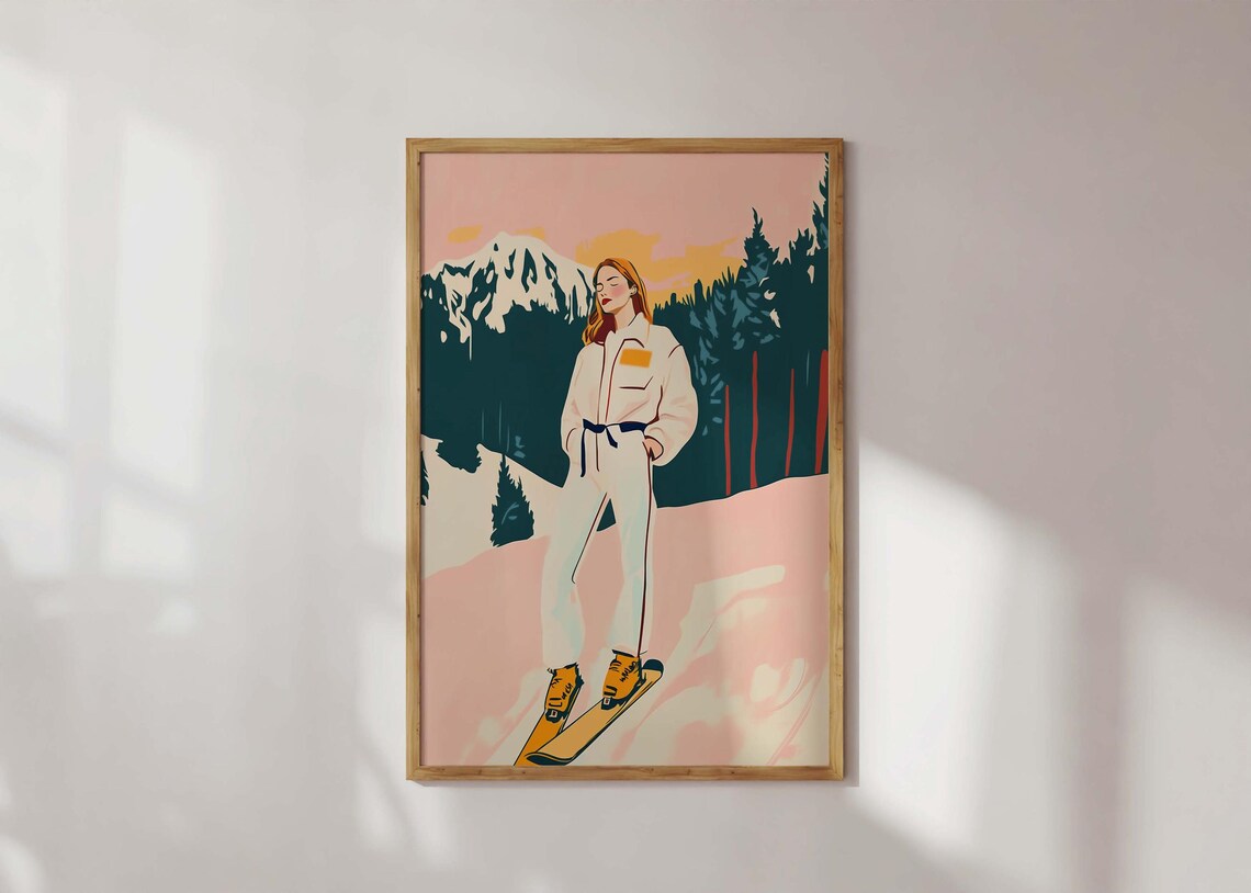 Retro Ski Girl Pink Mountains Vintage Winter Sports Art Poster