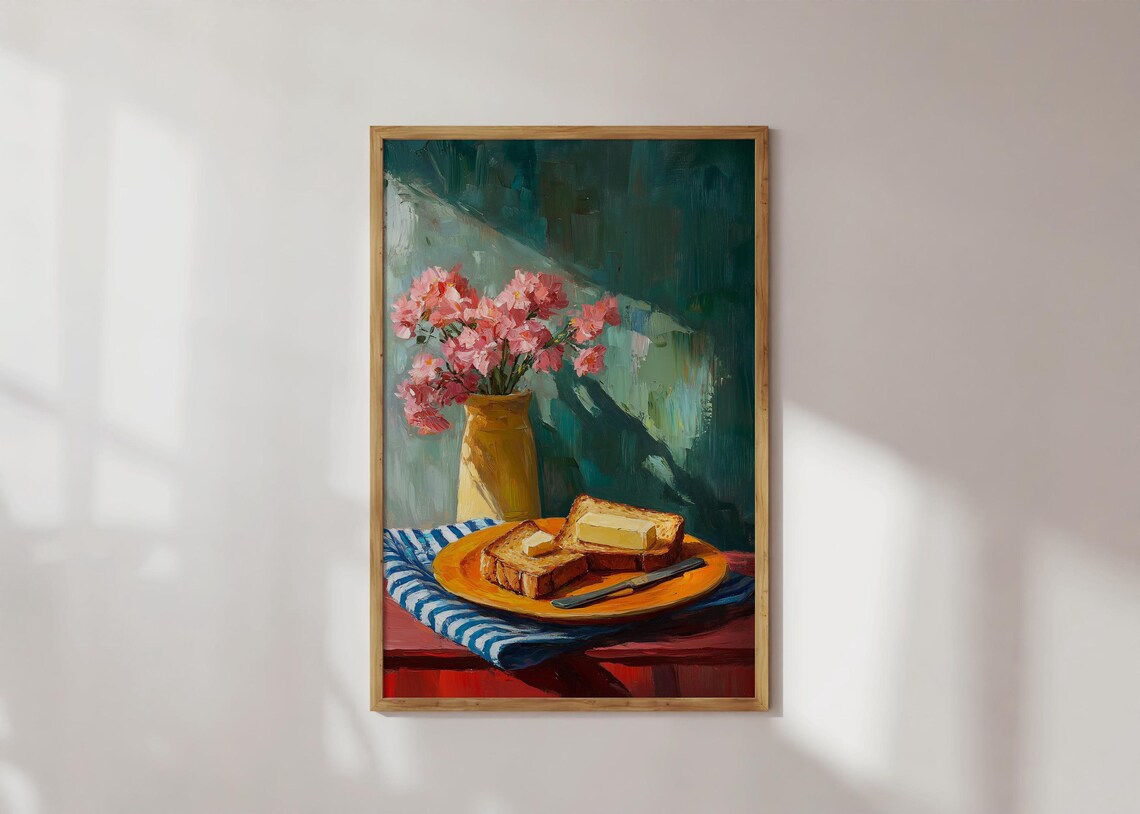 Buttered Toast and Pink Flowers Cozy Still Life Painting Poster