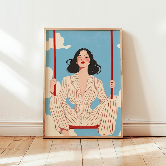 Whimsical Lady On A Swing Modern Abstract Art Print Playful And Vibrant Wall Decor For Contemporary Spaces
