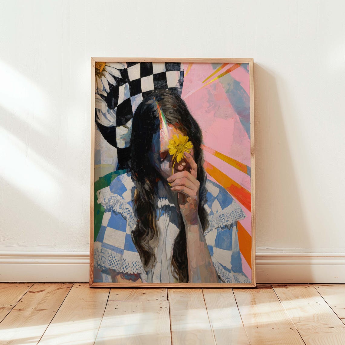 Woman Holding Flower Surreal Checkered Portrait Eclectic Art Print