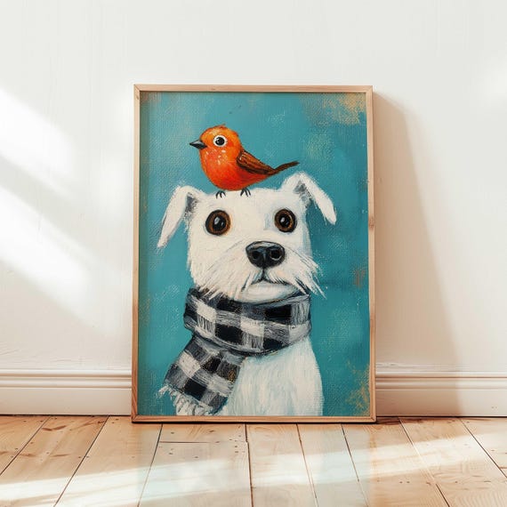 Modern Dog Art Print Terrier With Bird Painting Colorful Animal Wall Playful Pet Lover Gift Illustration Cute Decor