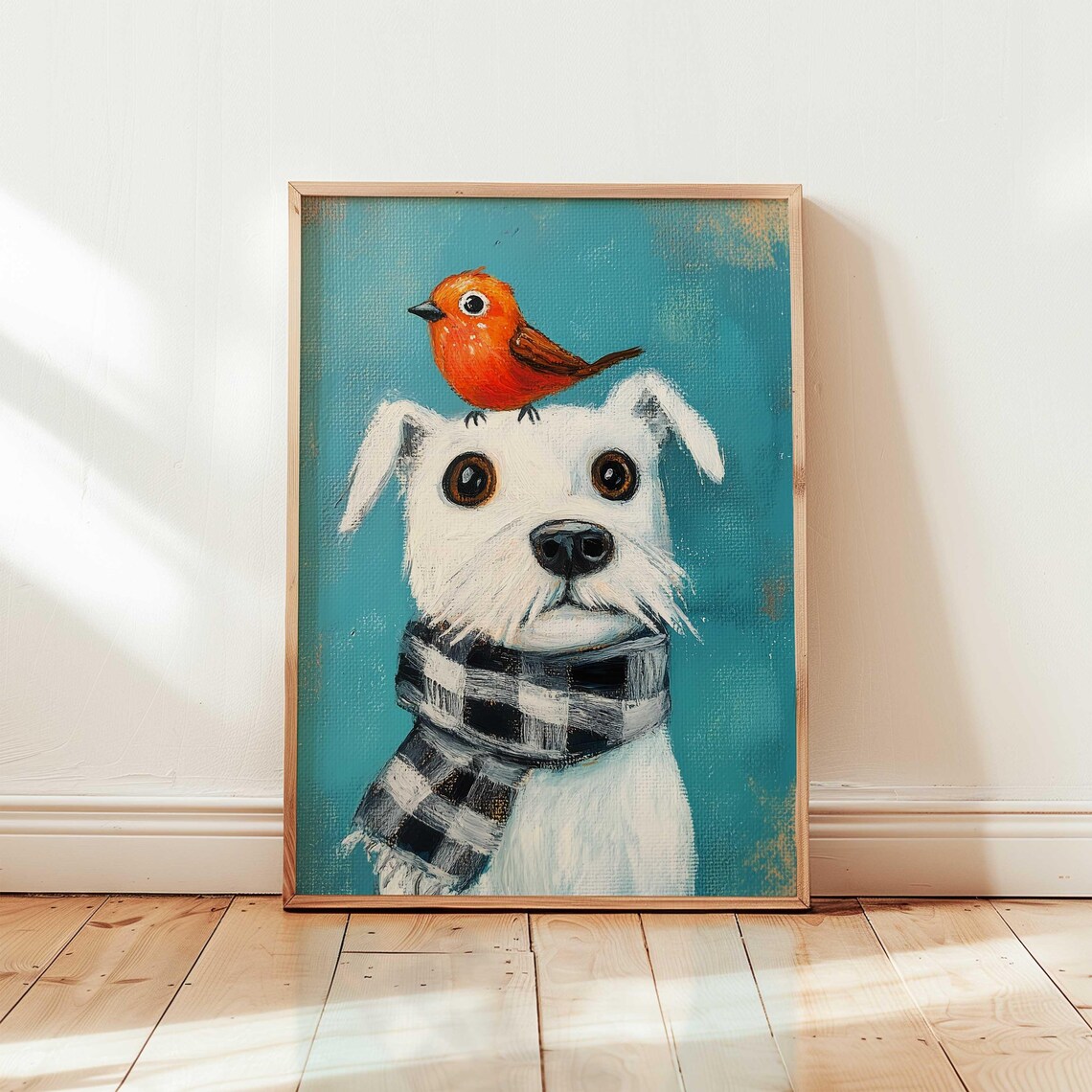 White Terrier Dog with Orange Bird Cute Animal Painting Poster