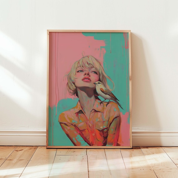 Abstract Portrait Art Print Modern Blonde Woman And Bird Illustration Vibrant Pink Teal Wall Minimalist Contemporary Decor