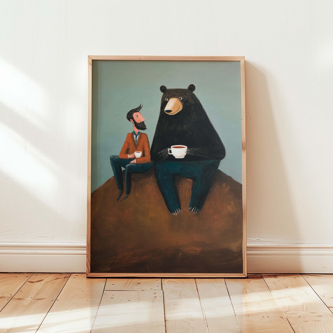 Man And Bear Tea Time, Whimsical Animal Art Print