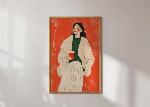 Woman With Coffee Cup Bold Orange Abstract Modern Portrait Wall Art