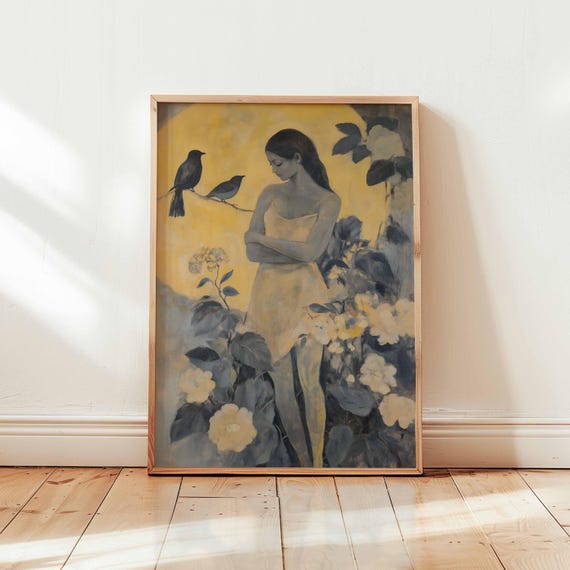 Figurative Woman Wall Art Floral Birds Painting Dark Home Decor Modern Acrylic Print Moody Botanical Artwork Eclectic