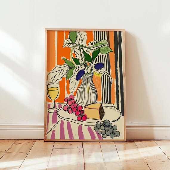 Modern Still Life Art Print Vibrant Kitchen Wall Decor Wine Cheese Grapes Illustration Eclectic Maximalist Dining Room