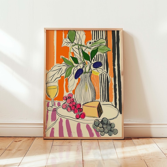 Wine Grapes and Cheese Bold Kitchen Still Life Painting Art Poster