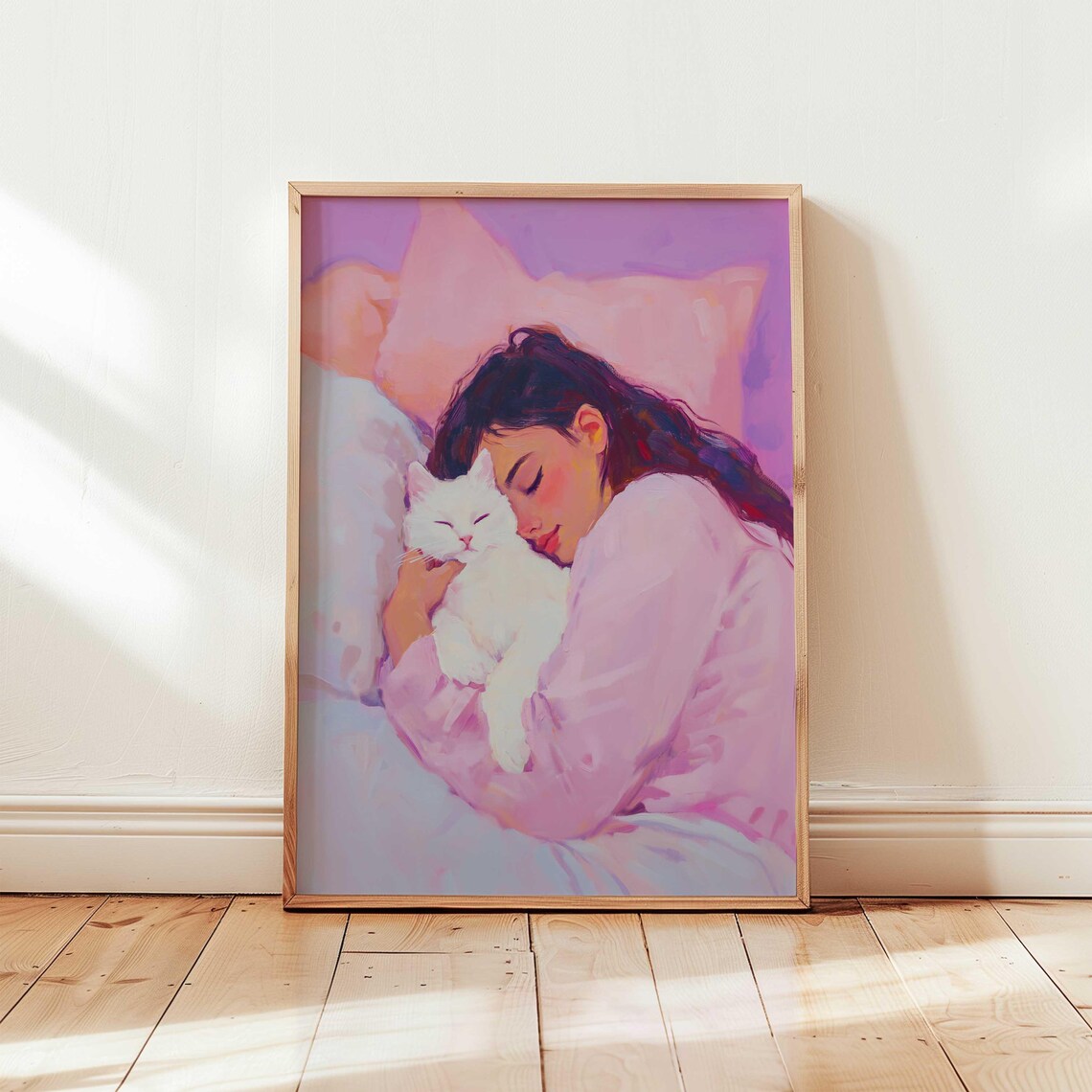 Girl Cuddling White Cat Pastel Pink Cozy Feline Illustration Poster