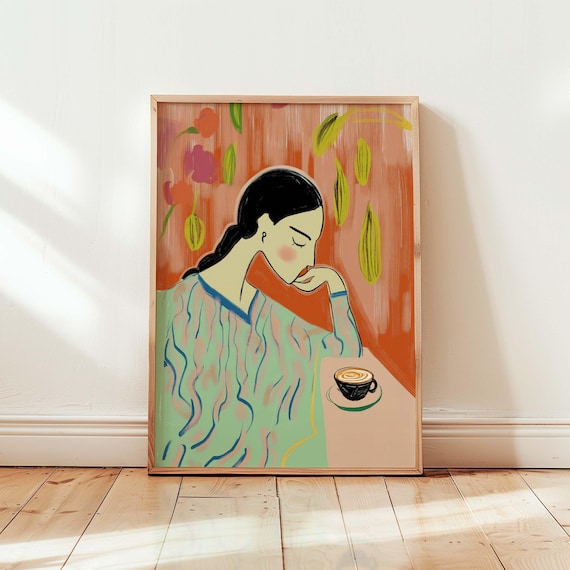 Coffee Lover Art Print Feminine Vibrant Maximalist Wall Decor Preppy Retro Eclectic Feminist Poster Bold Colorful Artwork
