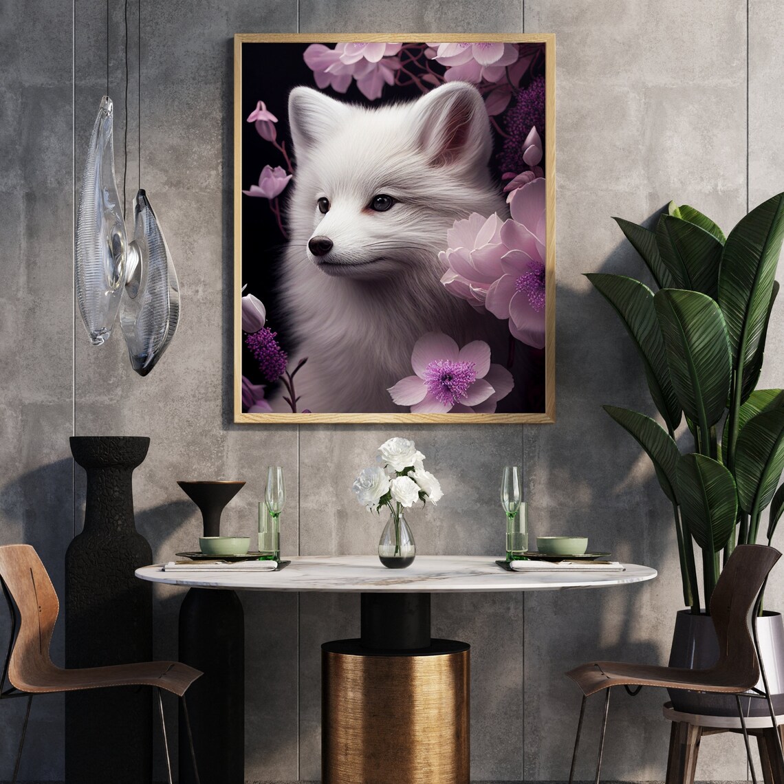 Sweet Adorable White Fox Cub with Pink Flowers Dark Floral Poster - Image 3
