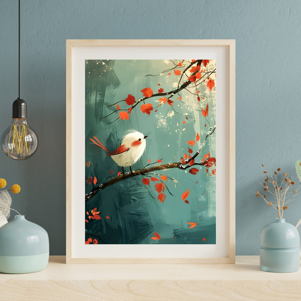 Minimalist Bird Print, Vintage Autumn Leaves Art - Image 3