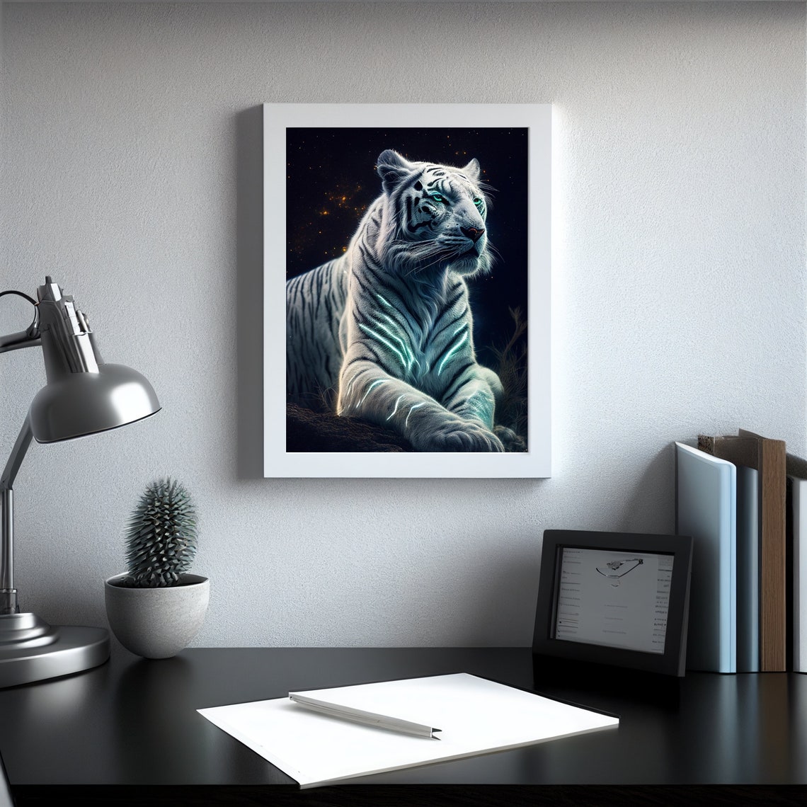 Majestic White Tiger with Glowing Teal Stripes Night Wildlife Poster - Image 2