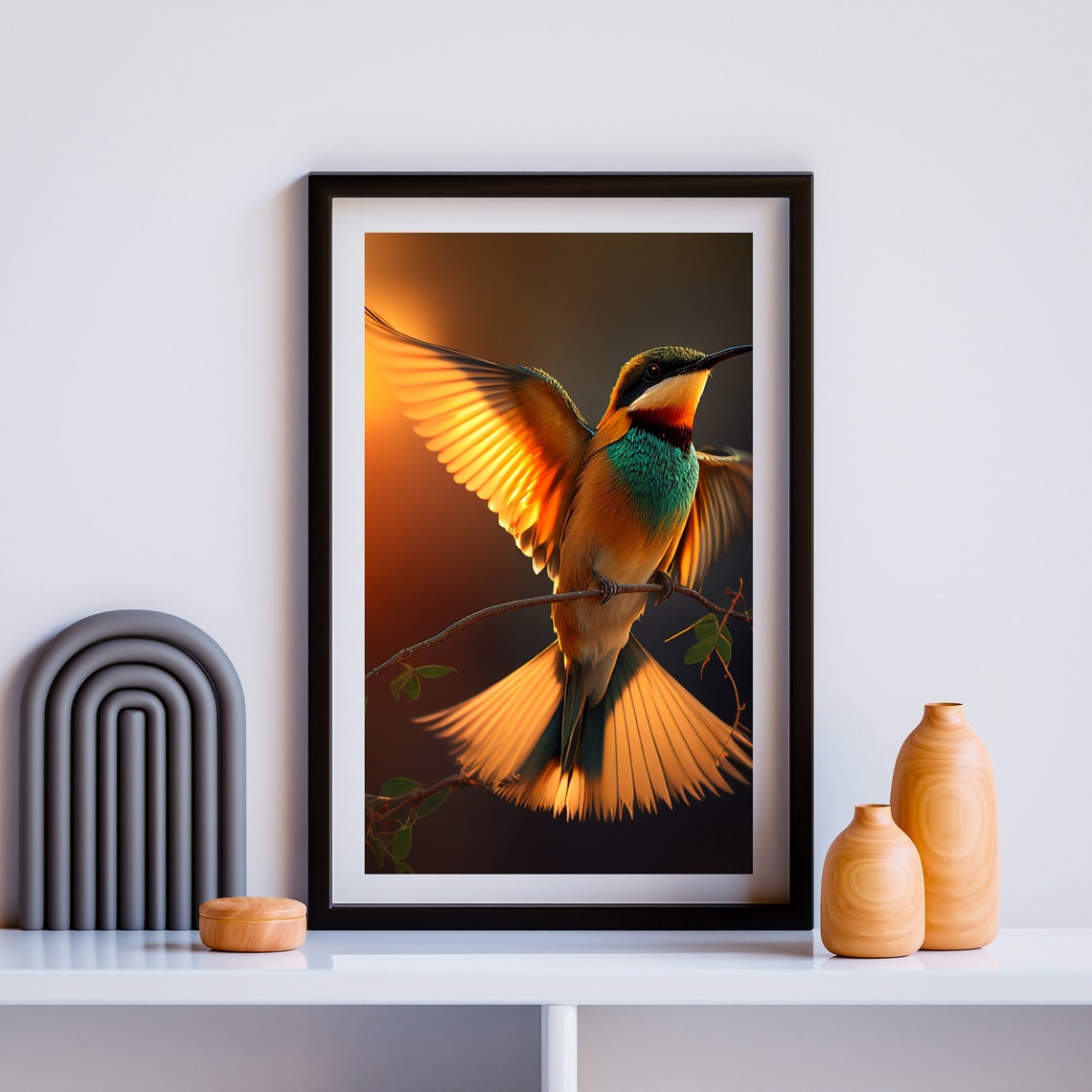 Colorful Bee Eater Bird with Spread Wings at Golden Sunset Poster - Image 3